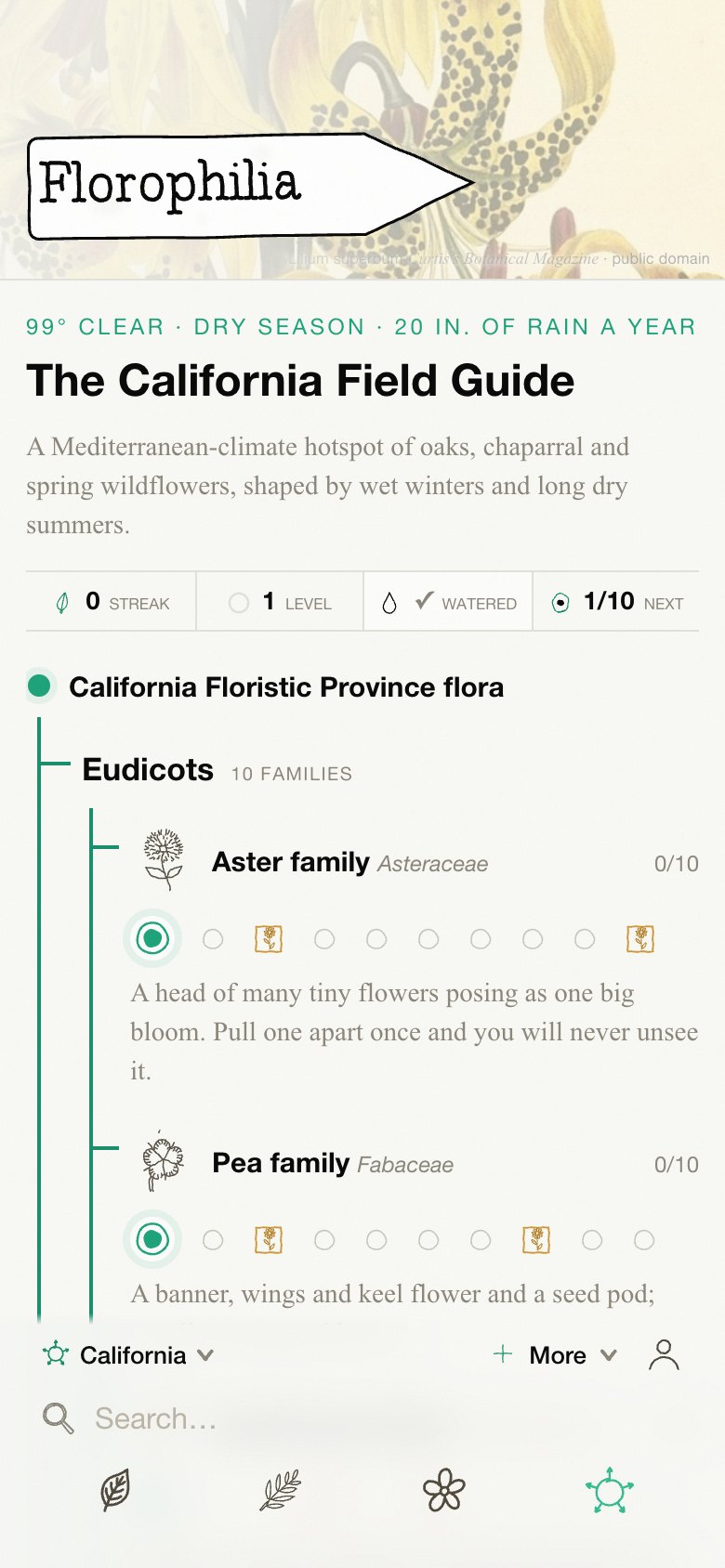 The California field guide: plant families listed as lessons, each with ten questions